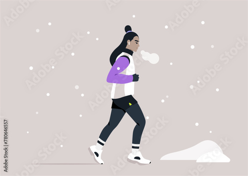 Winter Jogger Braving the Snowy Path at Dusk, A solitary jogger exhales frosty breath while running through a quiet winter landscape