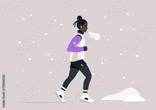 Winter Jogger Braving the Snowy Path at Dusk  A solitary jogger exhales frosty breath while running through a quiet winter landscape