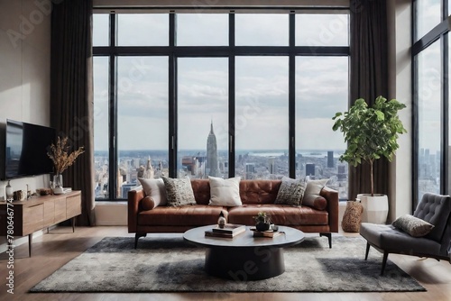 Beautiful contemporary living room interior with large windows and city views through windows. Luxury Apartment Concept.