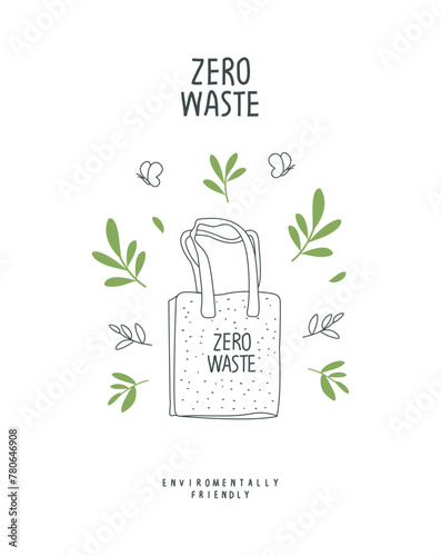 Vector hand drawn cartoon sketch of biodegradable bag with green leaves. Zero waste and Sustainable lifestyle. Think Green. Plastic free Ecological poster. 