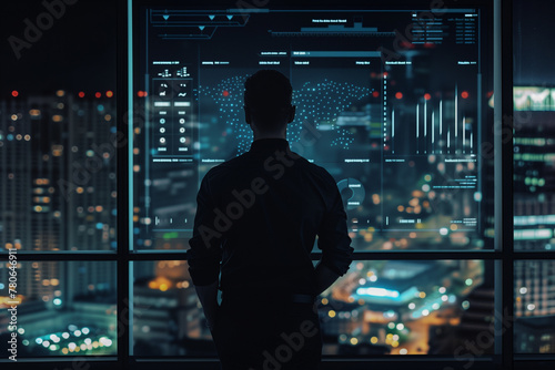 A professional standing in front of an interactive digital wall displaying data visualizations, graphs and charts with the city skyline visible through large windows in the background, KPI's