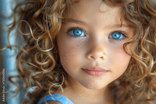 Adorable toddler with blue eyes and curly hair looking dreamy and innocent in a close-up portrait