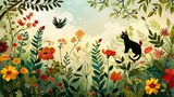 Whimsical Garden Scene Bursting with Vibrant Flowers,Leaves,and a Curious Wandering Cat in a Lush,Enchanting Natural Landscape