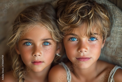 Close-up of two children lying side by side, showcasing their vivid blue eyes and blond curly hair