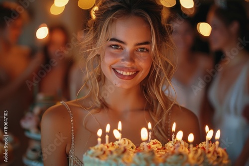 A radiant young woman with a birthday cake amongst friends at a party  warm candlelight ambiance