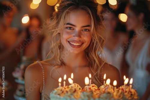 A radiant young woman with a birthday cake amongst friends at a party, warm candlelight ambiance