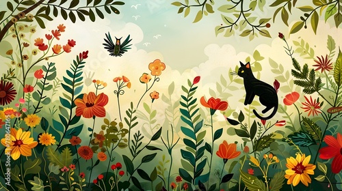 Whimsical Garden Scene Bursting with Vibrant Flowers,Leaves,and a Curious Wandering Cat in a Lush,Enchanting Natural Landscape