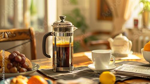 French press coffee on a breakfast table, encapsulating a timeless morning ritual with a focus on the French press's classic elegance and the rich, bold coffee it produces. Set amidst a breakfast