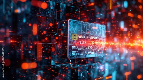 Futuristic credit card concept amidst glowing data network symbolizing financial technology