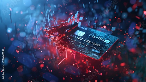 Disintegrating credit card concept portraying cybersecurity and data fragmentation in finance photo