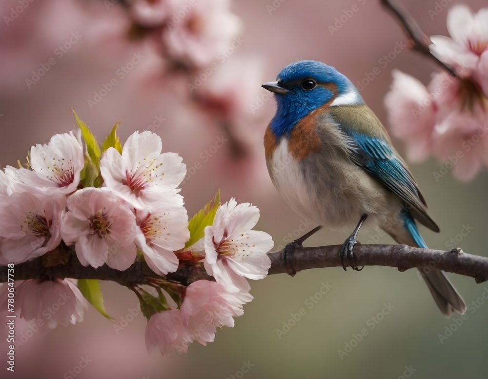 Vibrant Pink and Blue Bird Perched Among Spring Cherry Blossoms in Full Bloom Vibrant Pink and Blue Bird Perched Among Spring Cherry Blossoms in Full Bloom