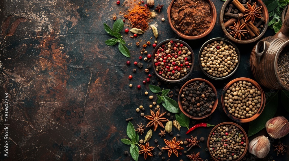 background of various aromatic spices. types of allspice. Assortment of oriental herbs and spices. top view. copy space.