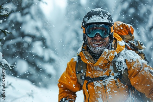 Hiker in bright orange jacket exploring a snow-draped forest in the depths of winter