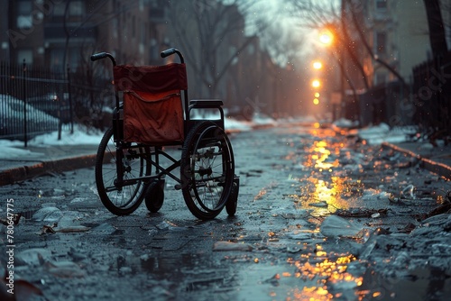 An abandoned wheelchair sits on a snowy street illuminated by a warm sunset, evoking melancholy