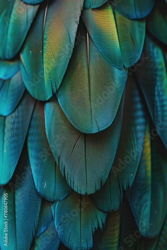 Feathers of a colorful parrot close up on the back of a tree in natural light concept
