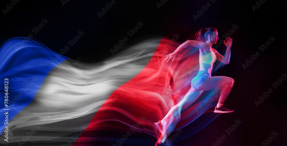 Fototapeta premium Developing speed. Young girl, professional athlete, runner in motion, training on black background with flag of France element. Professional sport, competition, tournament concept. Banner. Sport event