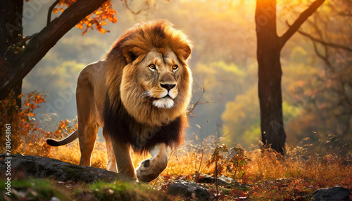 A majestic lion sneaks in the forest at sunset