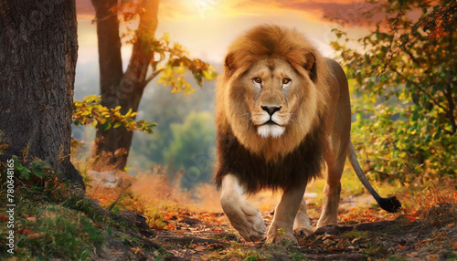 A majestic lion sneaks in the forest at sunset