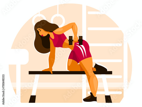 Woman in the gym doing exercises with dumbbells resting on a sports bench. Vector graphics