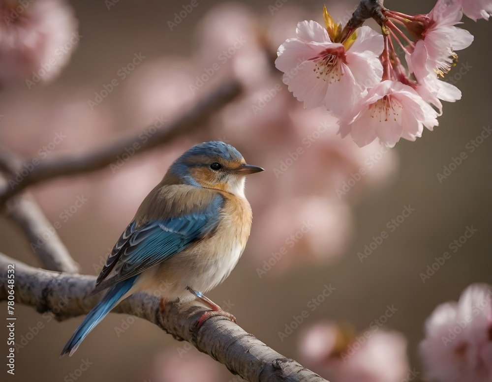 Vibrant Pink and Blue Bird Perched Among Spring Cherry Blossoms in Full Bloom Vibrant Pink and Blue Bird Perched Among Spring Cherry Blossoms in Full Bloom