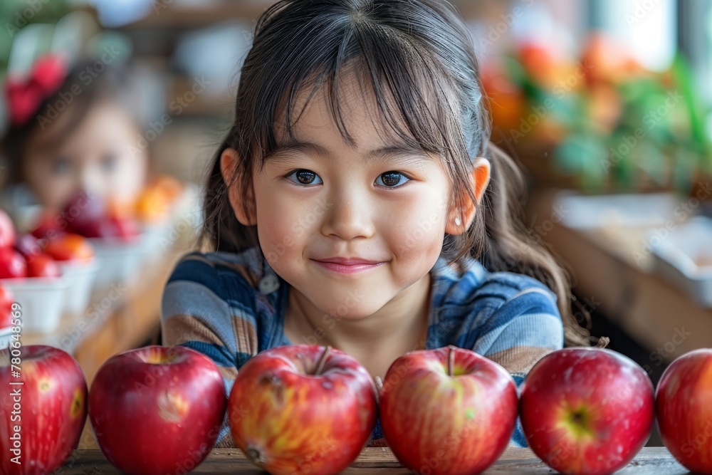 Fototapeta premium A charming young girl with a gentle smile stands behind rows of red apples