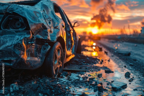 A haunting image of a totaled car at dusk with vibrant sunset in the background, reflecting a sense of loss and tragedy photo