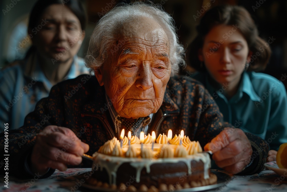 A pensive elderly man surrounded by family as he prepares to blow out his birthday cake candles A pensive elderly man surrounded by family as he prepares to blow out his birthday cake candles