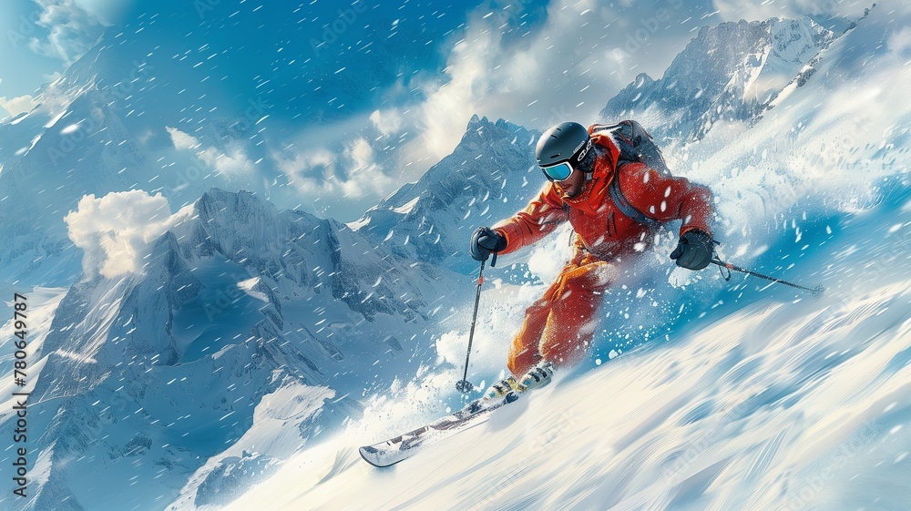 Skier skiing downhill in high mountains during sunny day. Extreme sport.