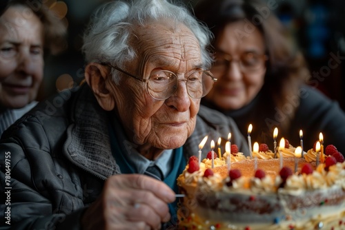An elderly gentleman blows out candles on a birthday cake, surrounded by his attentive family