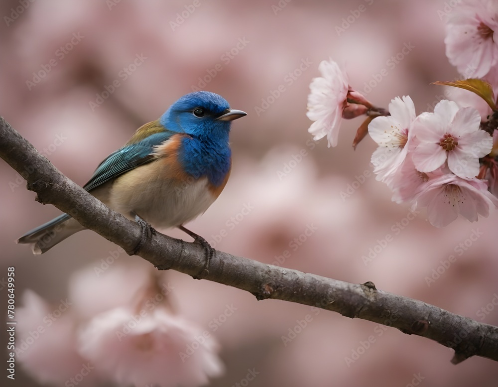 Vibrant Pink and Blue Bird Perched Among Spring Cherry Blossoms in Full Bloom