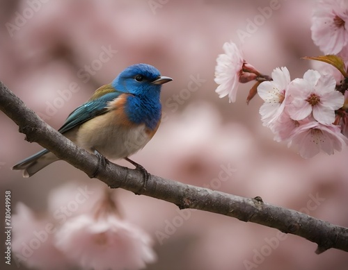 Vibrant Pink and Blue Bird Perched Among Spring Cherry Blossoms in Full Bloom © ElseThen