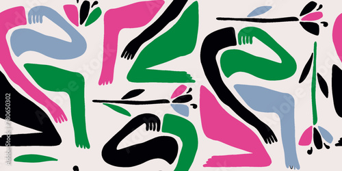 Vector abstract feminine, women figures illustration seamless pattern. Sitting and laying women
