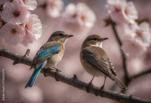 Vibrant Pink and Blue Bird Perched Among Spring Cherry Blossoms in Full Bloom