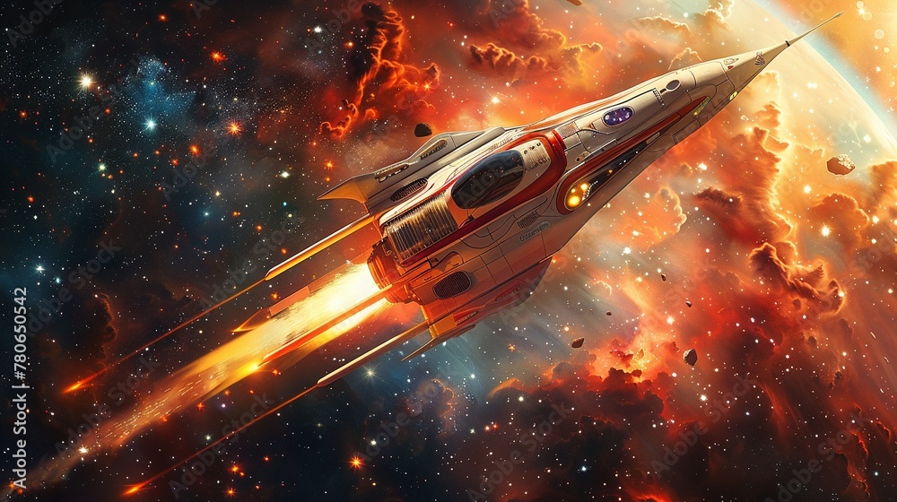 A futuristic spacecraft soaring towards the infinite expanse of outer space, with stars twinkling in the background ,super realistic,soft shadown A futuristic spacecraft soaring towards the infinite expanse of outer space, with stars twinkling in the background ,super realistic,soft shadown