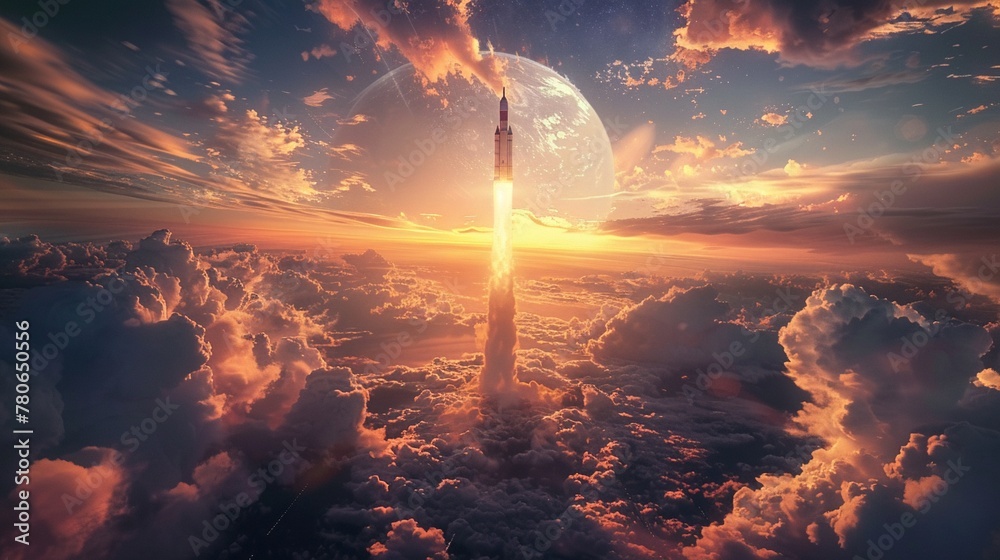 Obraz premium A rocket ship leaving Earths atmosphere, surrounded by swirling clouds of smoke and flames ,super realistic,soft shadown