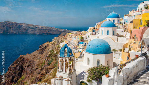 Discover the beauty of Santorini's streets with this close-up photo, highlighting the vibrant colors and unique architecture