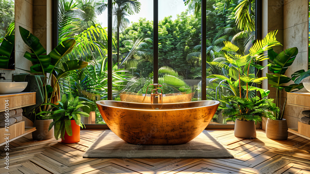 Tropical Spa Oasis: Luxury Bathroom with Natural Wooden Elements, Blending Modern Design with Exotic Greenery