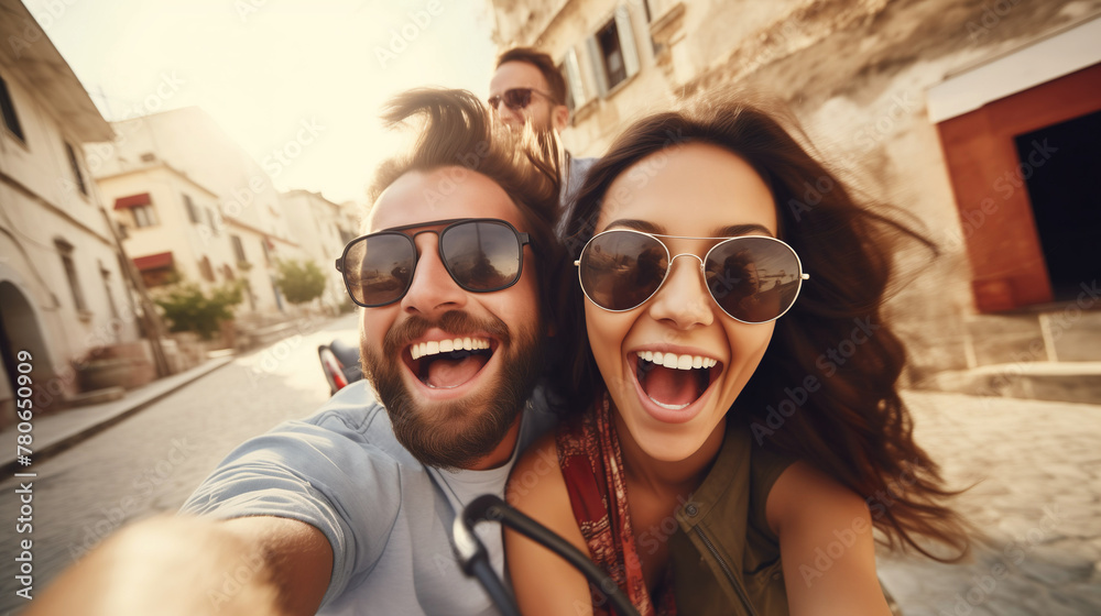 Young smiling couple during partnership riding an old motorcycle. Young people enjoy life and travel through the countryside while shining sun Young smiling couple during partnership riding an old motorcycle. Young people enjoy life and travel through the countryside while shining sun