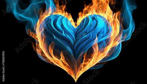 Fire flame blue heart shape isolated on black background