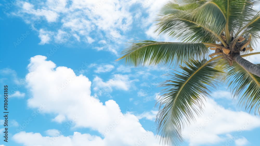 Coconut tree on blue sky with white cloud. Summer and vacation time.