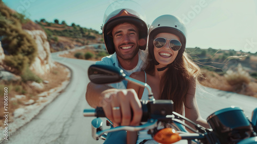 Young smiling couple during partnership riding an old motorcycle. Young people enjoy life and travel through the countryside while shining sun