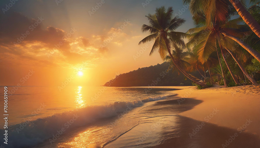Landscape of paradise tropical island beach with palm trees on the sea shore sunset, sunrise seascape