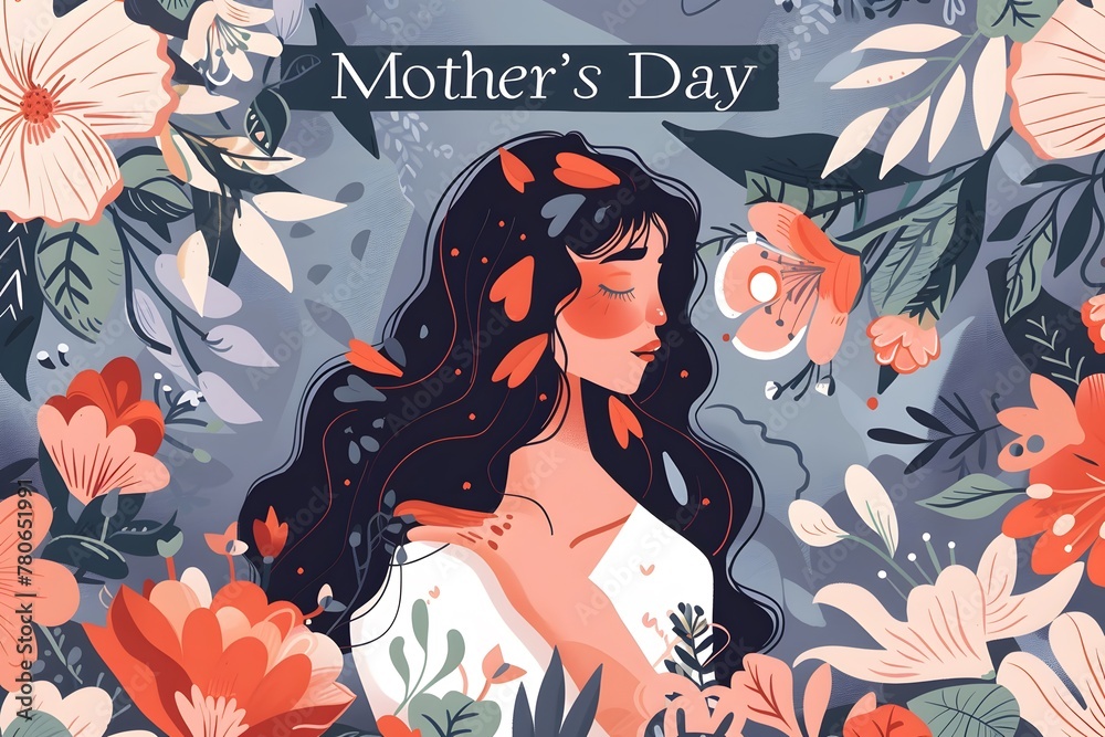mothers day, mother and daughter illustration concept banner or poster card