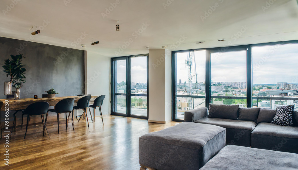 Fototapeta premium luxurious loft apartment with floor-to-ceiling windows and panoramic view; modern minimalistic interior design of living room area