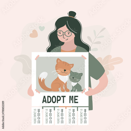 Woman volunteer holds an advertisement for adoption of homeless kittens. Adopt - don't shop. Cute pets are looking for new owners. Shelter worker searching owners for cats.