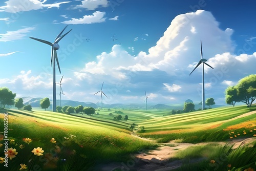 In the middle of the lush countryside, a sizable wind farm generates renewable electricity. 