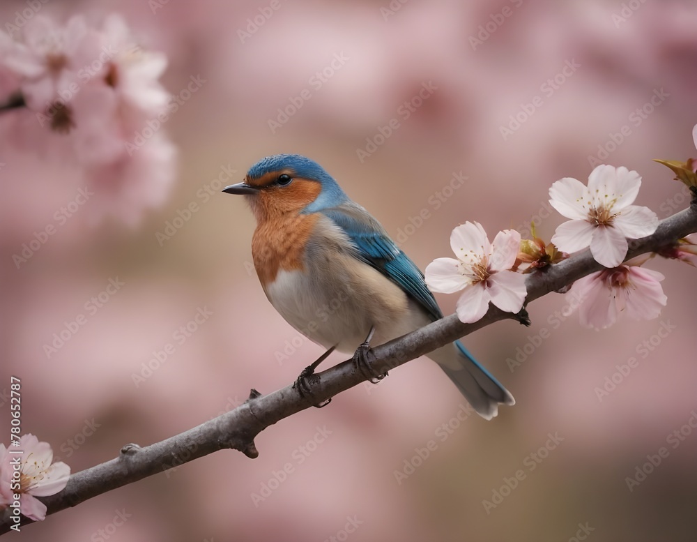 Vibrant Pink and Blue Bird Perched Among Spring Cherry Blossoms in Full Bloom Vibrant Pink and Blue Bird Perched Among Spring Cherry Blossoms in Full Bloom