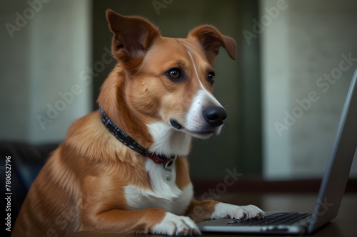 A cute canine using a laptop Sitting at the computer is the dog. dog dressed professionally. The boss is the dog. The canine is at work. canine at work.   © Baloch Arts