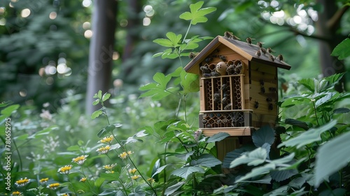 insect hotel set in the greenery, close up © World of AI