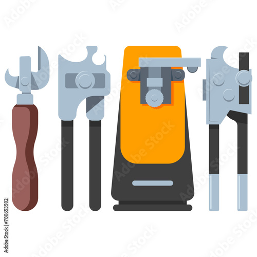 Can opener tools vector cartoon set isolated on a white background.